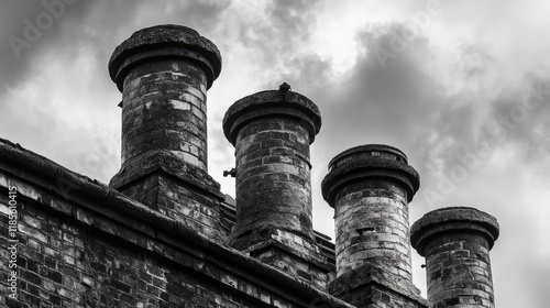 Historic industrial chimneys against a dramatic cloudy sky showcasing architectural details and industrial heritage in black and white. photo