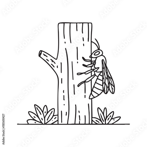 Hornet crawling on the bark of a tree in the forest