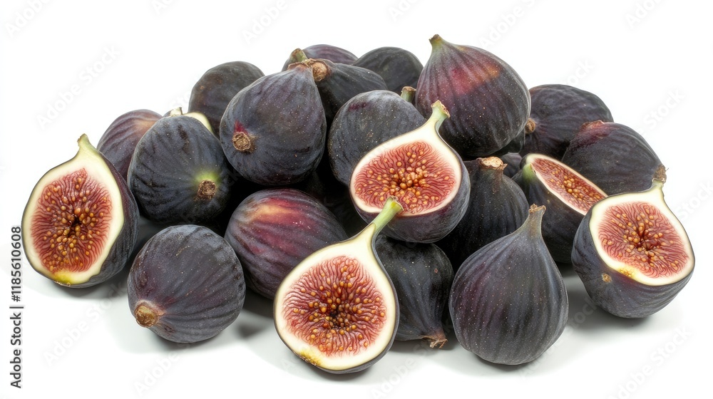 Fresh and dried figs whole and halved arranged on a white background showcasing their rich color and unique texture