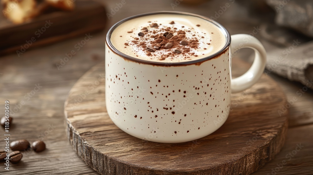Artisan Cappuccino with Chocolate Sprinkles Served in a Rustic Mug on a Natural Wooden Surface Artisan Cappuccino with Chocolate Sprinkles Served in a Rustic Mug on a Natural Wooden Surface