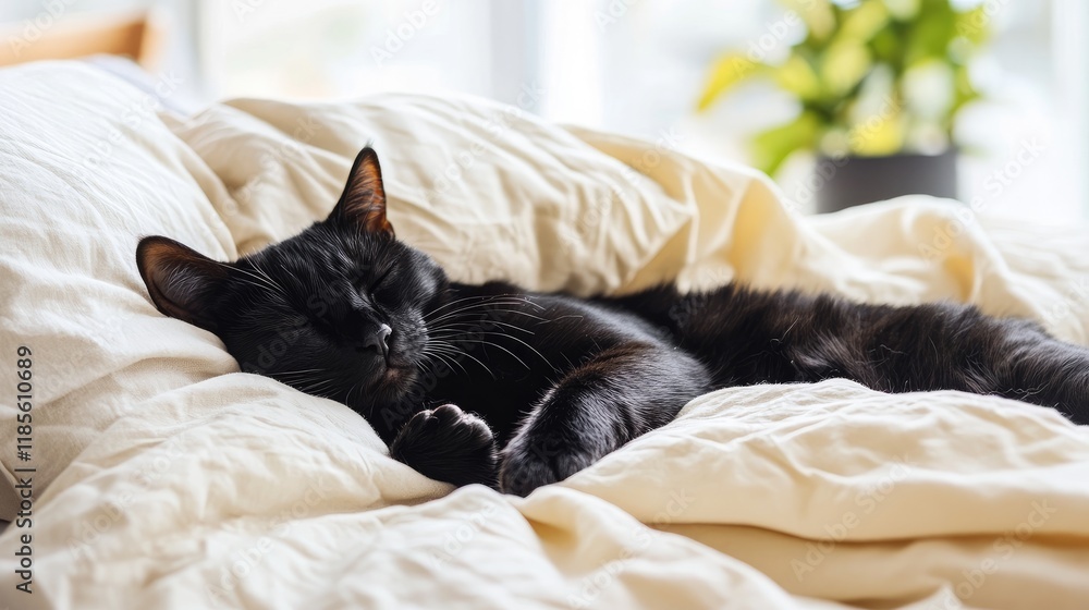 Black cat peacefully sleeping on a cozy bed surrounded by soft bedding in a bright indoor setting with natural light and plants Black cat peacefully sleeping on a cozy bed surrounded by soft bedding in a bright indoor setting with natural light and plants