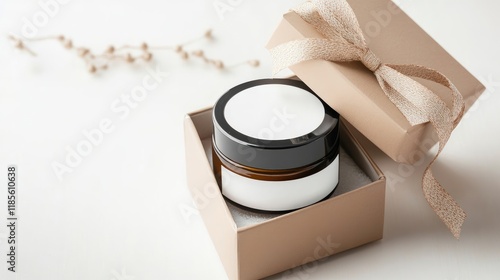 Elegant gift box with unlabelled facial cream jar elegantly placed on soft white background perfect for skincare and beauty promotions photo