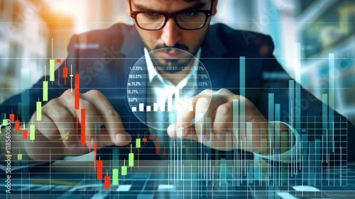 A financial analyst focuses intently on stock charts and data, analyzing market trends in a modern office environment.