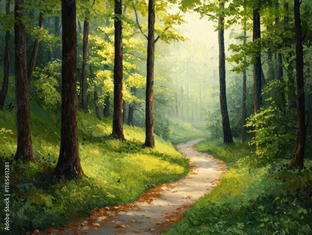 Fototapeta premium Serene Forest Pathway Surrounded by Lush Greenery and Sunshine
