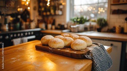 Cozy Kitchen Scene with Freshly Baked Buns on a Wooden Cutting Board in Warm Ambient Light photo