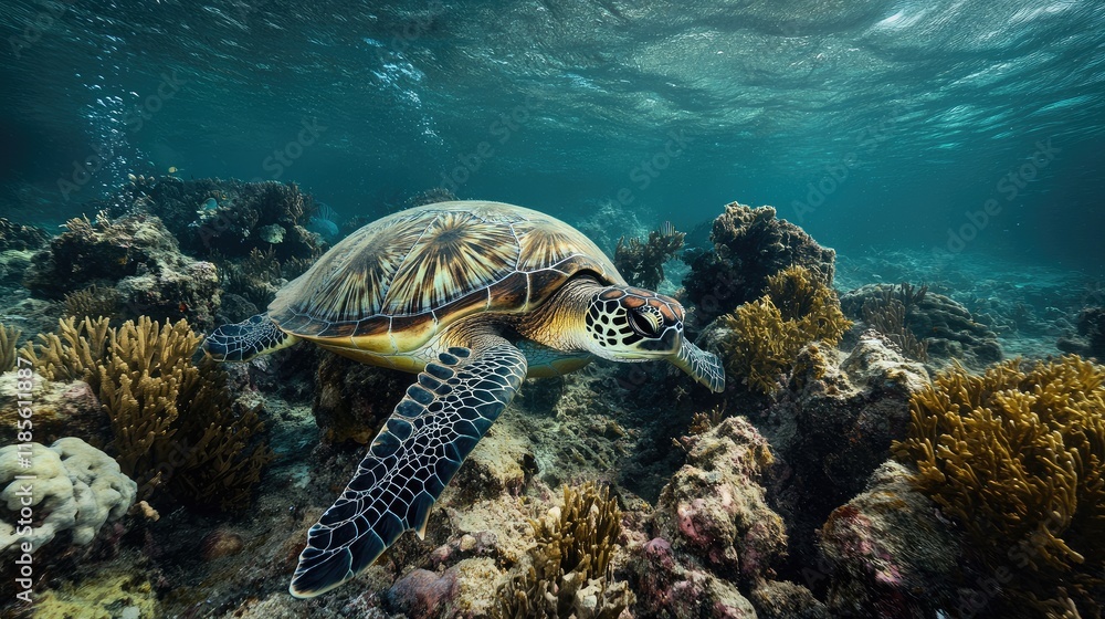 Fototapeta premium Elegant Sea Turtle Gliding Through Coral Reef in Crystal Clear Ocean Waters