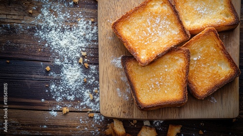 Crispy golden fried bread slices sprinkled with flour on a rustic wooden cutting board photo