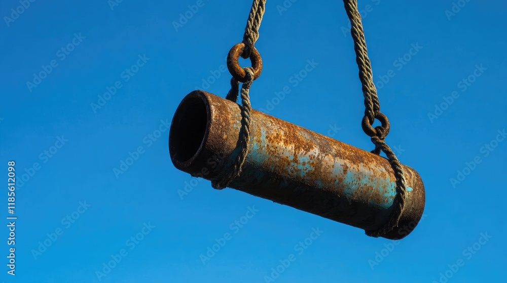Fototapeta premium Rusty metal tube suspended from crane rope against a vibrant blue sky showcasing industrial elements and clear outdoor conditions.