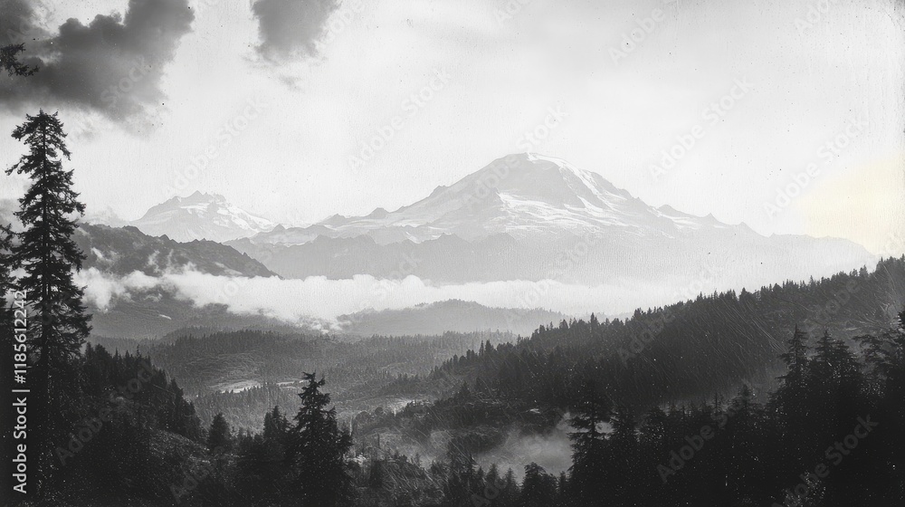 Obraz premium Majestic Mount Rainier Overlooking Lush Forests and Misty Valley in Vintage Black and White Scenic Landscape Photography