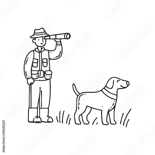 A hunter observing with binocular beside dog in a grassy field