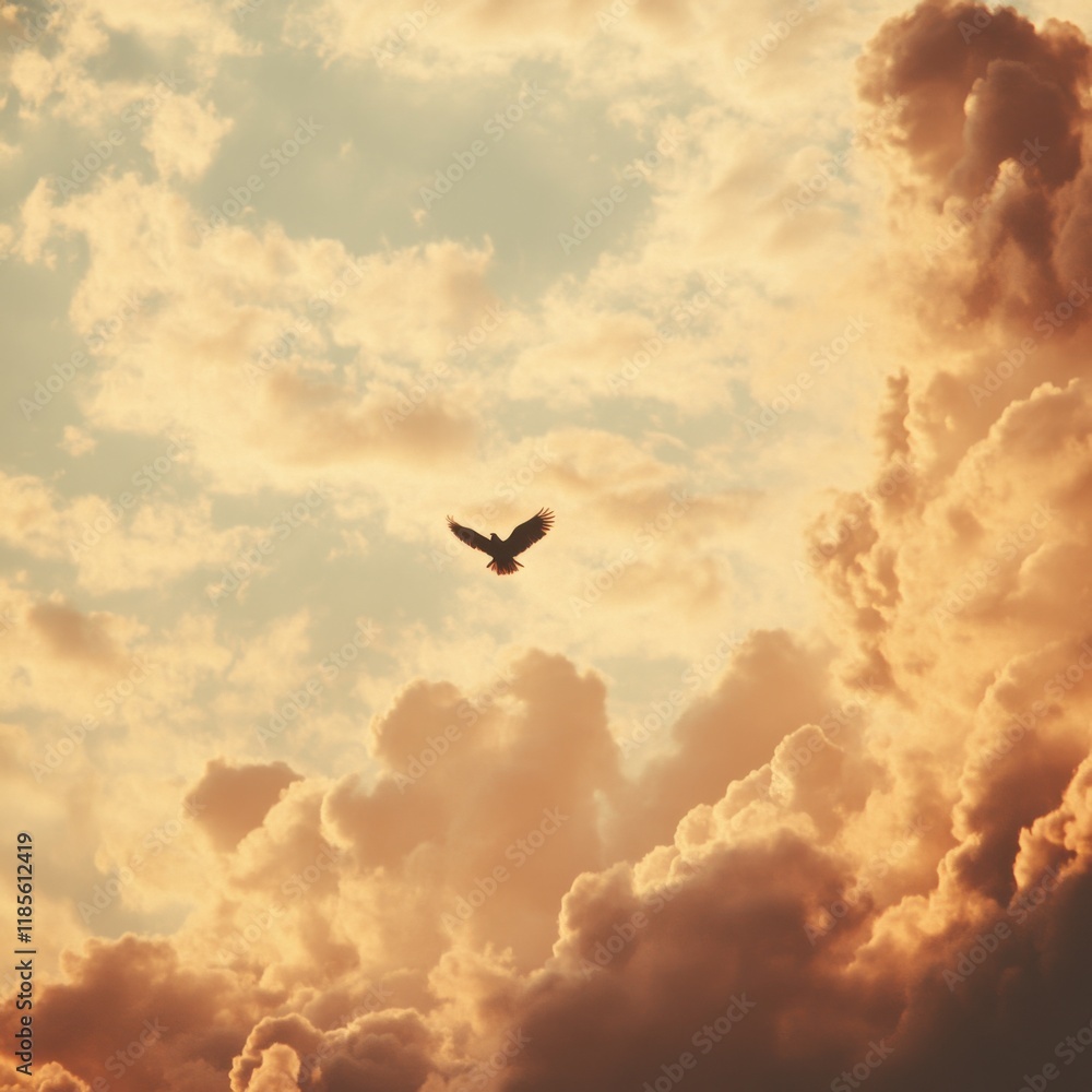 Fototapeta premium Eagle Soars Through Golden Clouds at Sunset Nature Serene Environment Majestic Viewpoint Freedom Concept