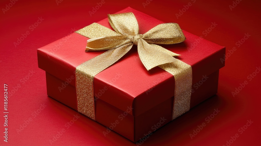 Elegant red gift box adorned with a shimmering gold ribbon set against a vibrant red background celebrating festive occasions Elegant red gift box adorned with a shimmering gold ribbon set against a vibrant red background celebrating festive occasions
