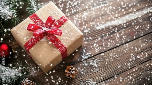 Festive gift box with red ribbon on wooden floor surrounded by winter decor and snowflakes creating a cozy holiday atmosphere photo