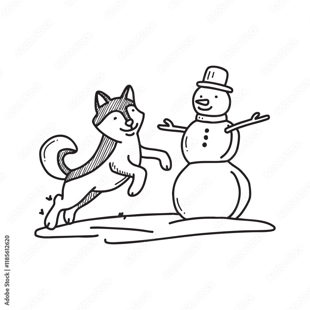 A husky playfully jumping around a snowman in a snowy yard A husky playfully jumping around a snowman in a snowy yard