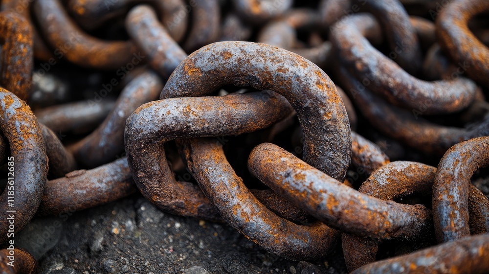 Rusty Industrial Iron Chains Entangled on the Ground Featuring Textured Surfaces and Natural Elements in a Grunge Setting Rusty Industrial Iron Chains Entangled on the Ground Featuring Textured Surfaces and Natural Elements in a Grunge Setting