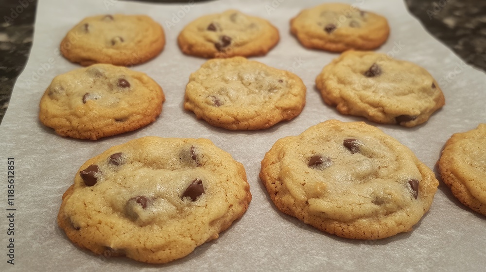 Freshly Baked Chocolate Chip Cookies on Parchment Paper with Golden Edges and Soft Centers Ideal for Dessert Promotion Freshly Baked Chocolate Chip Cookies on Parchment Paper with Golden Edges and Soft Centers Ideal for Dessert Promotion