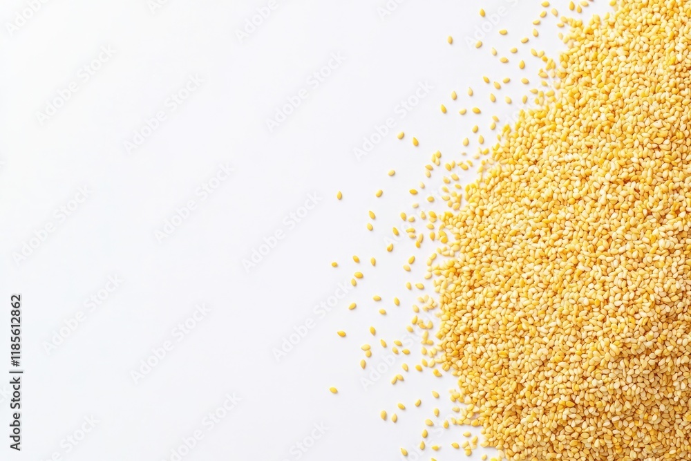 Heap of Yellow Sesame Seeds Isolated on Crisp White Background - Top View Heap of Yellow Sesame Seeds Isolated on Crisp White Background - Top View