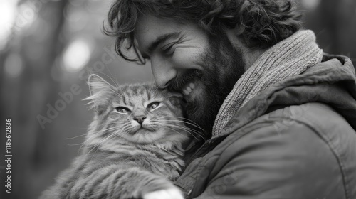 Wallpaper Mural Joyful man embraces his cat outdoors in a serene and cheerful setting full of warmth and companionship. Torontodigital.ca