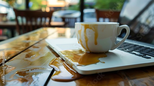 A spilled coffee cup on a laptop, creating a messy scene in a casual setting.
