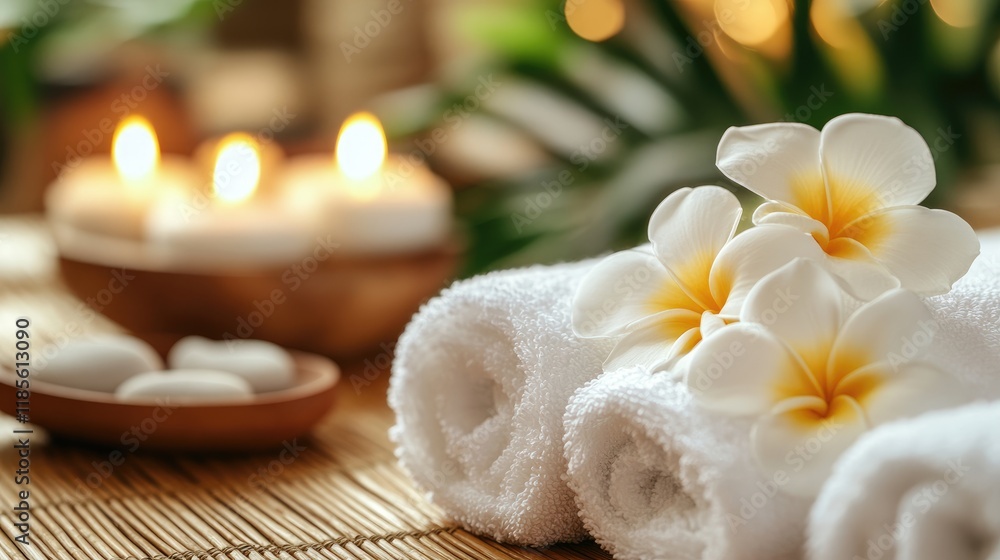 Tranquil spa setting with rolled white towels, tropical flowers and candles for relaxation, beauty treatments and holistic wellness therapies. Tranquil spa setting with rolled white towels, tropical flowers and candles for relaxation, beauty treatments and holistic wellness therapies.