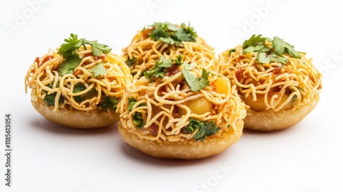 Sev Puri Indian Snack with Spicy Potatoes and Sev Garnished with Fresh Coriander Isolated on White Background photo