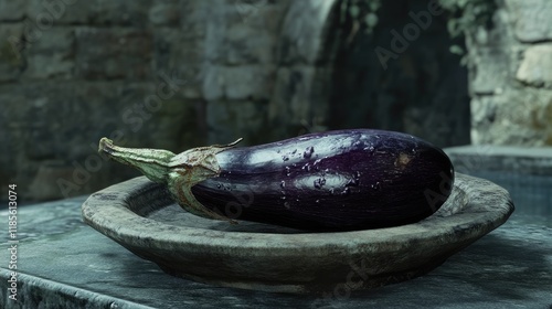 Freshly harvested eggplant resting on a rustic stone plate surrounded by natural stone textures and soft ambient lighting. photo