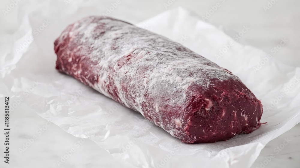 Raw gray-coated beef fillet wrapped in white paper on a marble surface ready for cooking or preparation in a culinary setting Raw gray-coated beef fillet wrapped in white paper on a marble surface ready for cooking or preparation in a culinary setting