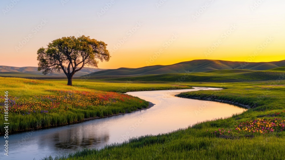 Serene Landscape with Flowing River and Trees at Sunset Serene Landscape with Flowing River and Trees at Sunset