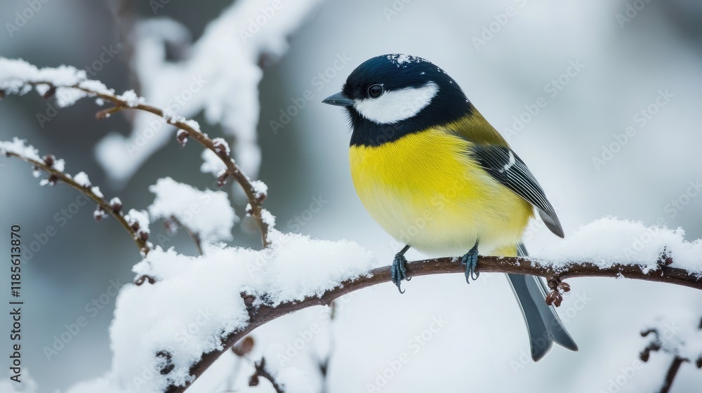 Naklejka premium Great tit bird perched on a snow-covered branch in a serene winter landscape with soft snowflakes falling around it.