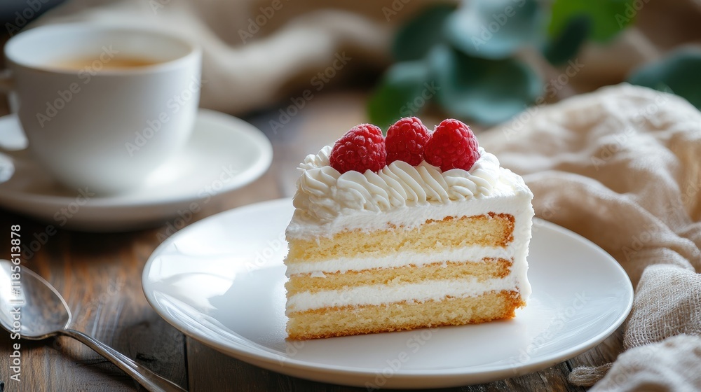 Morning dessert delight featuring a slice of cake topped with whipped cream and raspberries, accompanied by a cup of coffee on a rustic table. Morning dessert delight featuring a slice of cake topped with whipped cream and raspberries, accompanied by a cup of coffee on a rustic table.