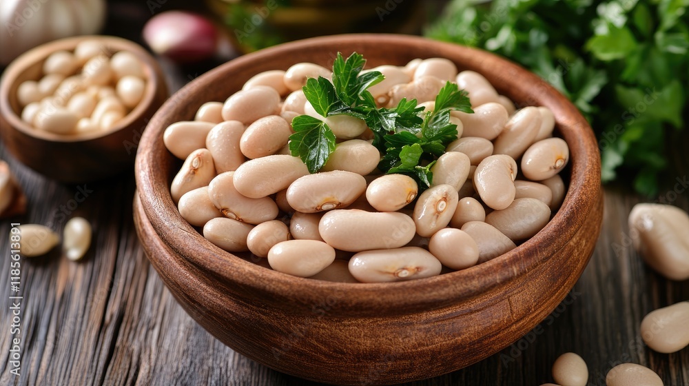 Traditional haricot beans in a wooden bowl garnished with fresh herbs on a rustic wooden table showcasing healthy eating lifestyle Traditional haricot beans in a wooden bowl garnished with fresh herbs on a rustic wooden table showcasing healthy eating lifestyle