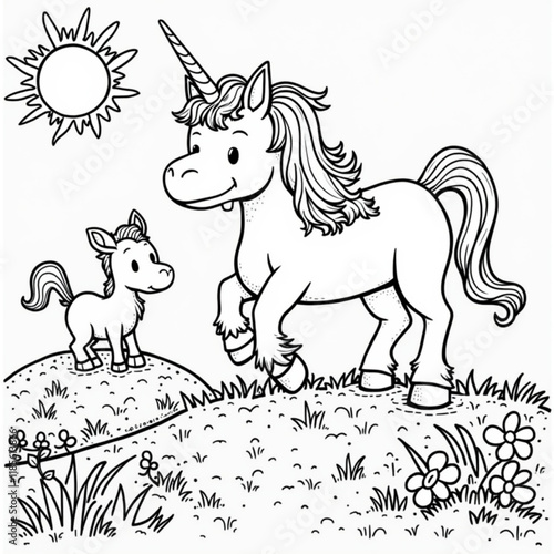 A charming black and white coloring page featuring a majestic unicorn and a playful foal