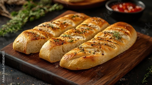 Golden Brown Baguette Slices Topped with Herbs Served on Rustic Wood Board