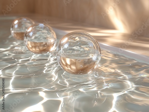 Wallpaper Mural Three spheres in shallow water, sunlit tile background. Use decor Torontodigital.ca