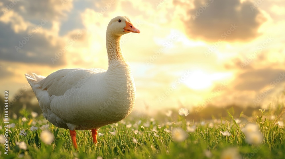 Goose Standing on Green Grass Against a Beautiful Sunset Sky in a Serene Natural Landscape Goose Standing on Green Grass Against a Beautiful Sunset Sky in a Serene Natural Landscape