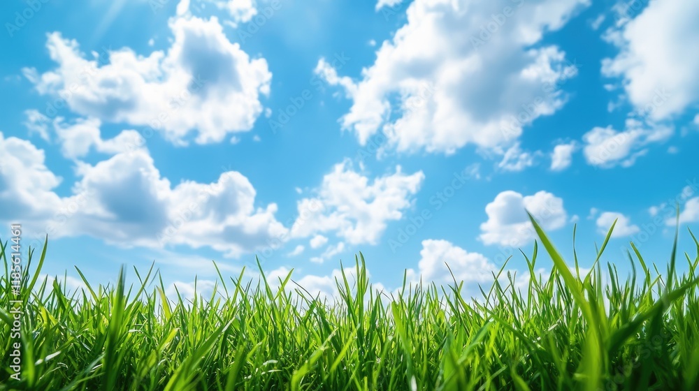 Lush Green Grass Under Bright Blue Sky With Fluffy White Clouds In A Tranquil Natural Environment Lush Green Grass Under Bright Blue Sky With Fluffy White Clouds In A Tranquil Natural Environment