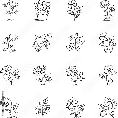 Collection of Doodle Style Spring Flowers Icons 

