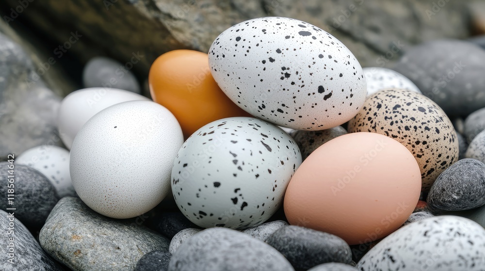 Colorful Fresh Eggs Nestled on Smooth Stones Against a Natural Background for Culinary or Farm Fresh Imagery Colorful Fresh Eggs Nestled on Smooth Stones Against a Natural Background for Culinary or Farm Fresh Imagery