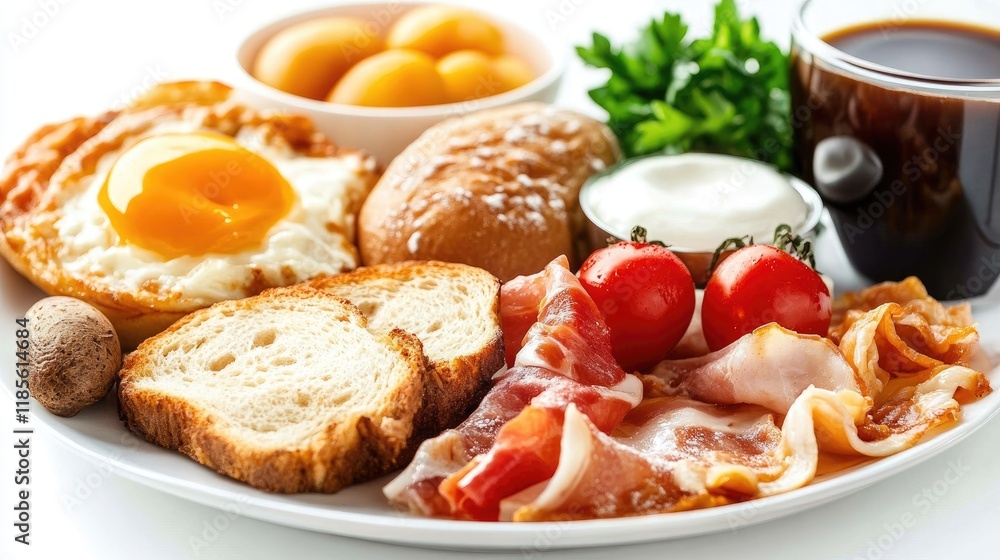 Delicious light breakfast platter featuring eggs, bacon, toast, cherry tomatoes, and coffee on a white background Delicious light breakfast platter featuring eggs, bacon, toast, cherry tomatoes, and coffee on a white background
