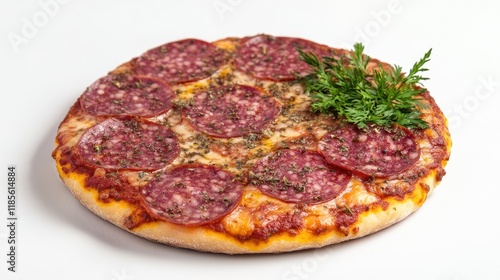 Delicious Freshly Baked Salami Pizza Garnished with Herbs on a White Background photo