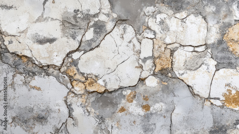 Textured gray stone wall fragment with beige stains showcasing artistic surface detail and cracks for structural or wallpaper background design Textured gray stone wall fragment with beige stains showcasing artistic surface detail and cracks for structural or wallpaper background design