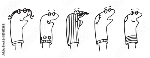 Funny sock dolls doodle hand drawn icon. Outline drawing theatrical characters. Home puppet theatre line clipart symbol. Socks with eyes and mouth 