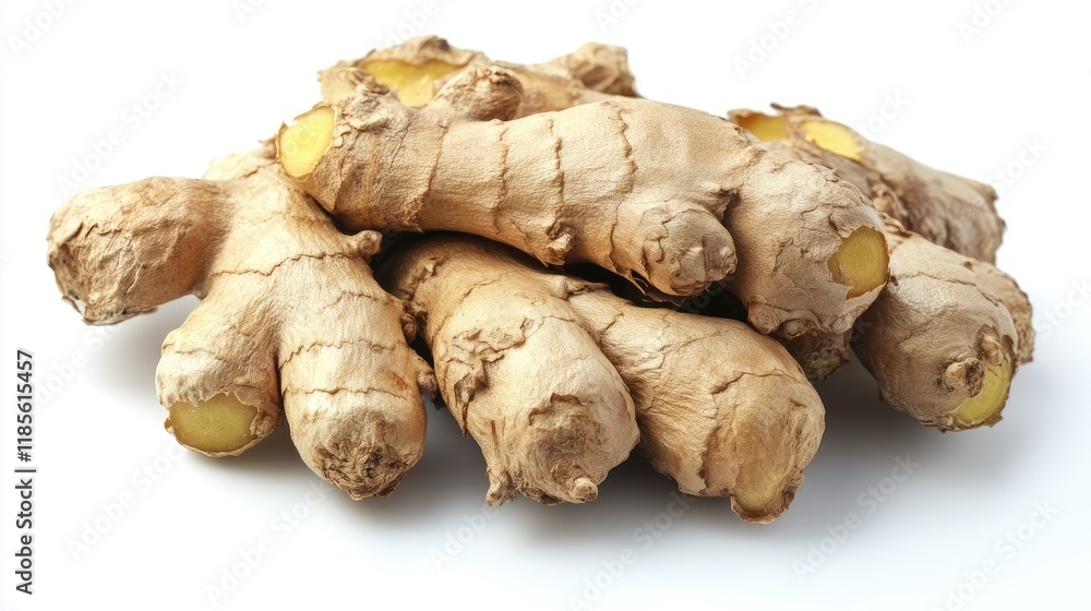 Freshly harvested ginger root arranged on a clean white background showcasing its natural texture and earthy tones. Freshly harvested ginger root arranged on a clean white background showcasing its natural texture and earthy tones.
