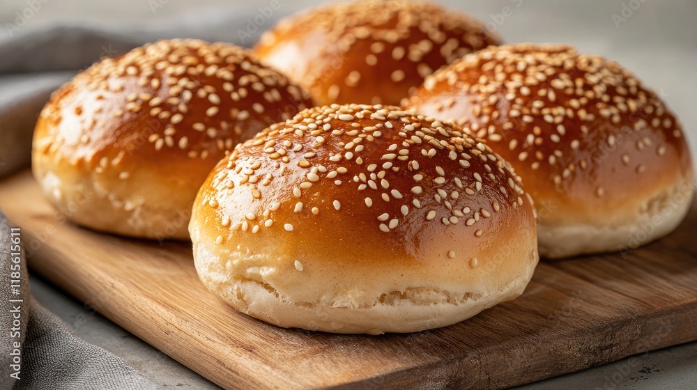 Freshly Baked Golden Sesame Buns on Rustic Wooden Board with Soft Neutral Background Freshly Baked Golden Sesame Buns on Rustic Wooden Board with Soft Neutral Background