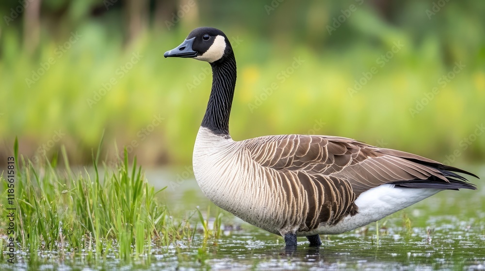 Canada Goose in natural habitat standing in shallow water surrounded by green reeds and grass during a peaceful summer day Canada Goose in natural habitat standing in shallow water surrounded by green reeds and grass during a peaceful summer day