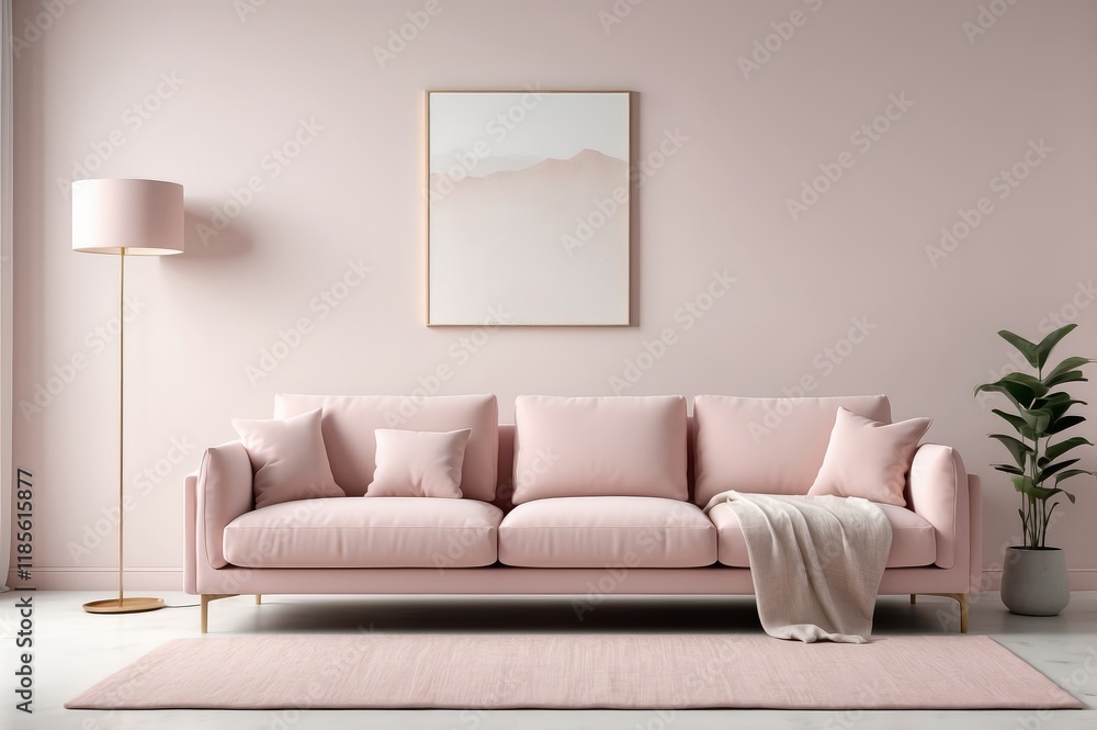 Pink sofa in minimalist living room with art, lamp, and plant. Pink sofa in minimalist living room with art, lamp, and plant.