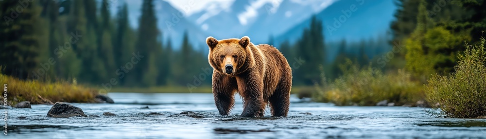 Obraz premium Brown bear standing in a river, surrounded by pine trees and mountains