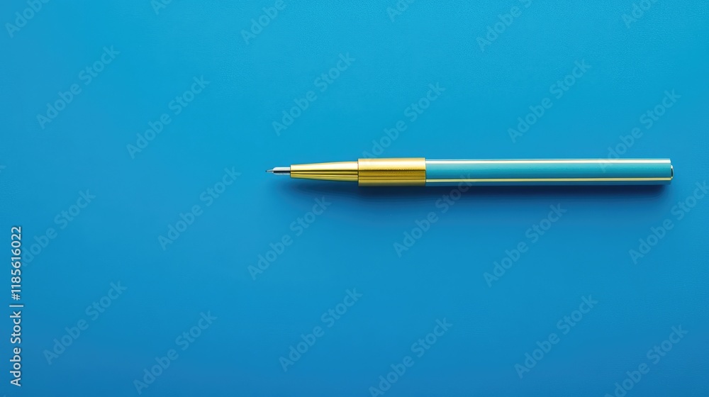 Elegant gift box with gold ribbon and stylish pen on blue background perfect for holiday greeting cards and promotional material Elegant gift box with gold ribbon and stylish pen on blue background perfect for holiday greeting cards and promotional material