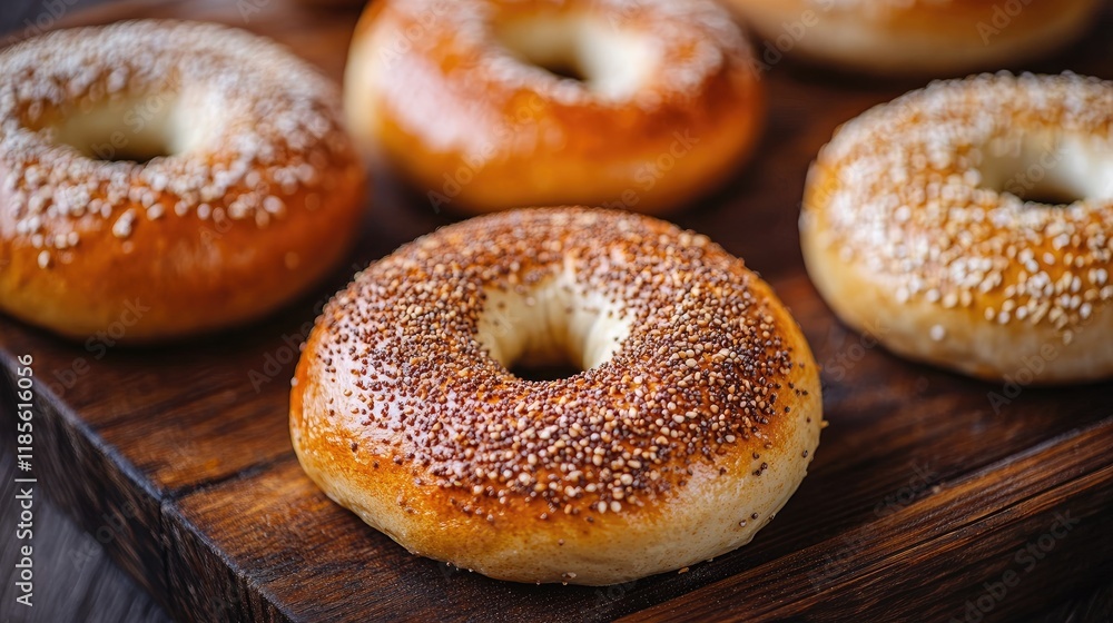 Assorted freshly baked bagels with savory toppings displayed on a wooden board ready to be enjoyed with cream cheese Assorted freshly baked bagels with savory toppings displayed on a wooden board ready to be enjoyed with cream cheese