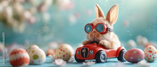 Bunny in aviator goggles driving a toy car, surrounded by Easter eggs, playful and cute photo